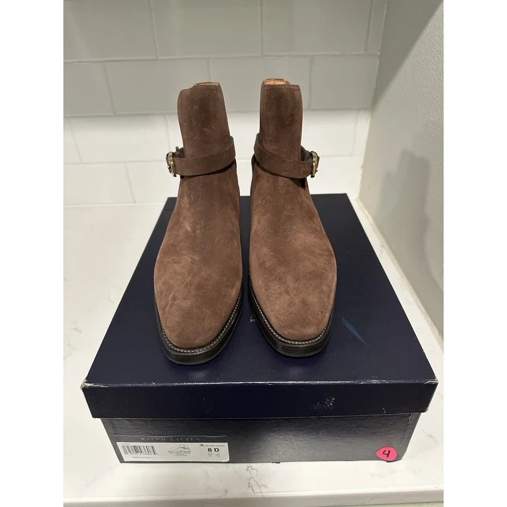 Ralph Lauren Purple Label Welington Strap Boots Mens 8D Brown Calf Suede Italy